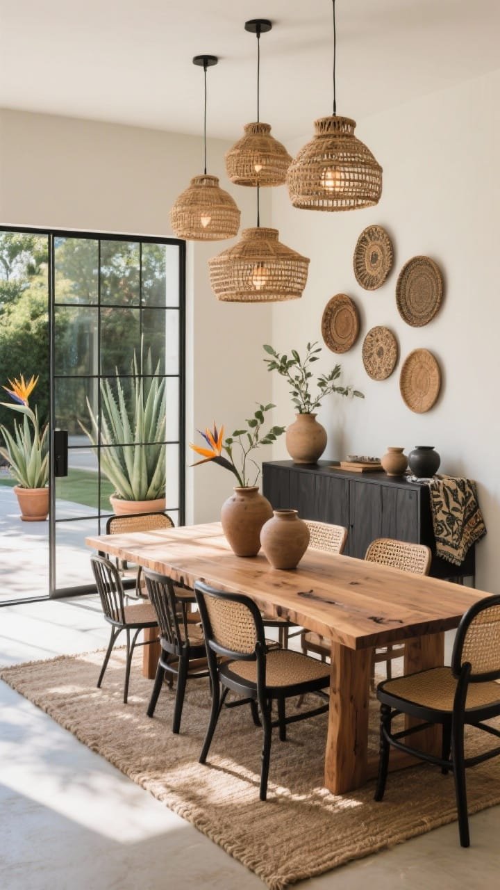 Wide interior-to-exterior perspective of an indoor-outdoor dining room flooded with sunlight: a wall of steel-framed glass doors opening to a patio with potted aloes and bird-of-paradise, long live-edge acacia dining table centered on a jute-and-wool blend rug, mixed chairs with black spindle bases and handwoven cane backs, a cluster of oversized shallow basket pendants overhead casting a lacy glow, trio of raw clay amphorae with eucalyptus stems as the centerpiece, an asymmetrical gallery of woven platters on the wall, slim black oak sideboard storing stoneware with a folded vintage batik textile on top; palette of clay, charcoal, olive, and sun-washed neutrals; photorealistic.