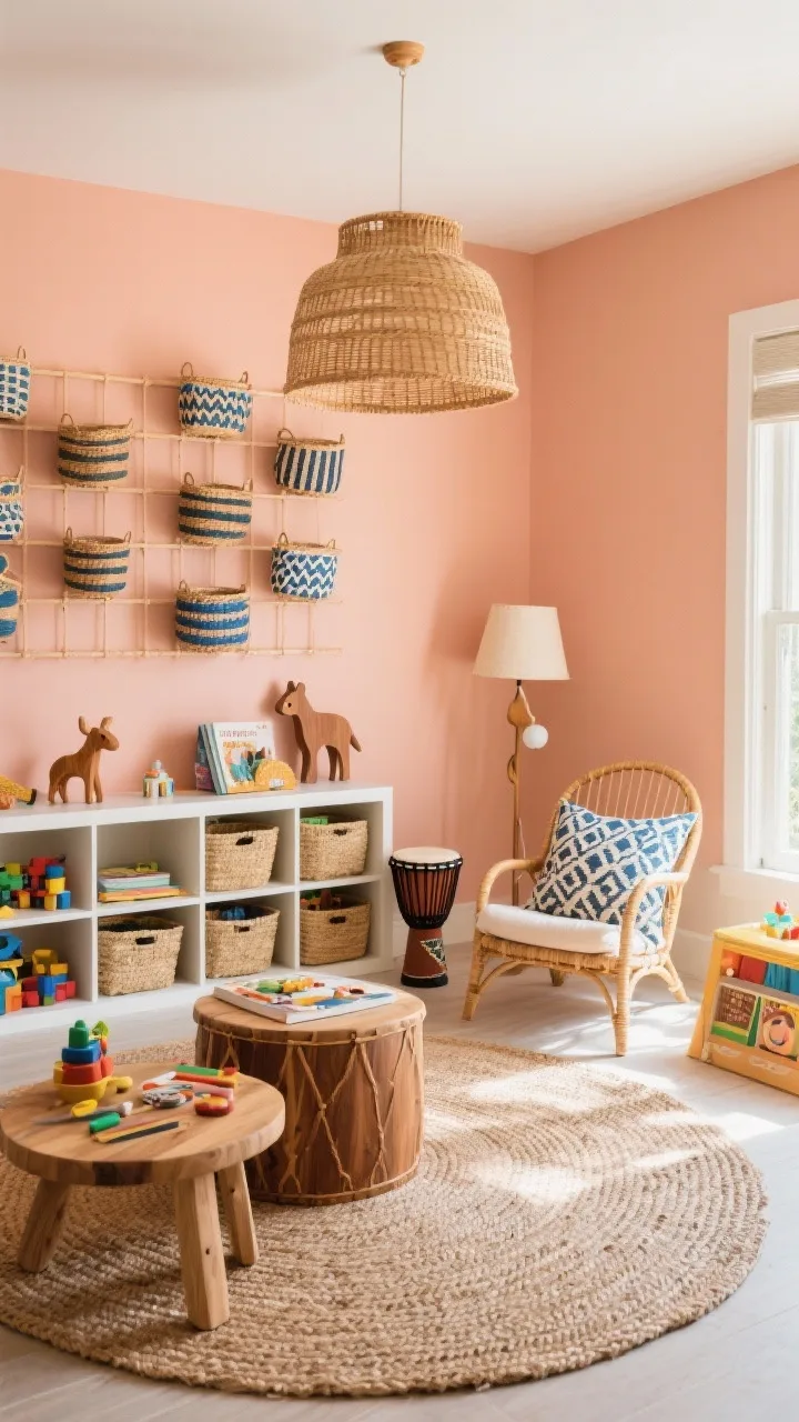 Wide kids&rsquo; playroom: walls painted soft sun-baked peach with a feature grid of small woven baskets in varied patterns and sizes; durable braided jute rug grounding the space; drum-shaped wood tables for crafts and snacks; open shelving with seagrass bins for toys; reading corner with a cane lounge chair and patterned pillows; rattan pendant overhead and a kid-safe floor lamp; wooden animal figures and a mini djembe on a low shelf. Color palette peach, caramel, ivory, pops of indigo. Cheerful, organized, natural daylight.