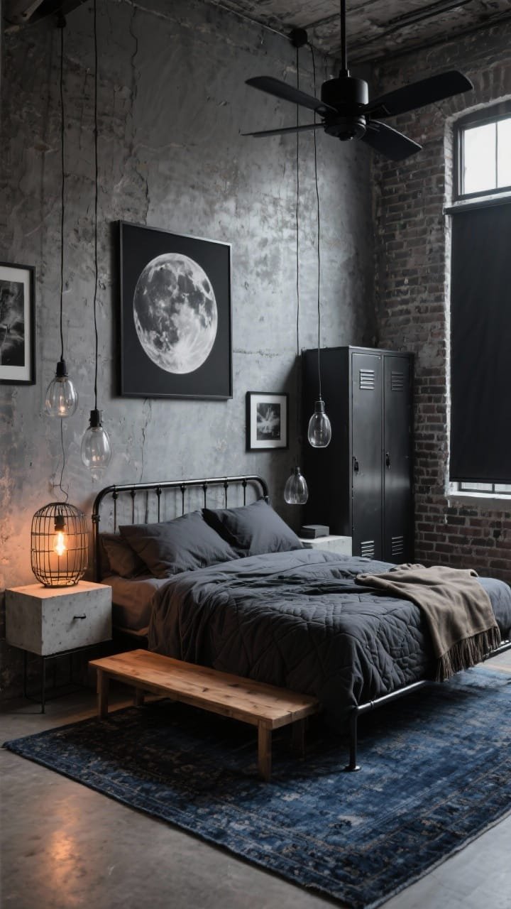 Wide loft-style shot from a corner angle of an &ldquo;Industrial Moonlight Loft&rdquo;: exposed brick or textured soot-gray plaster wall; black metal bed with clean lines; charcoal jersey sheets, coal-colored quilt, and a waxed-canvas throw; smoked-glass pendants on long cords and a wire-cage bedside lamp with an amber Edison bulb creating moody glow; raw wood bench, steel locker-style wardrobe, and concrete-topped nightstands; overdyed vintage rug in midnight blue softening the floor; black-and-white photography in thin black frames and a large moon print over the bed; charcoal blackout shades and a matte-black ceiling fan; photorealistic, modern and moody.