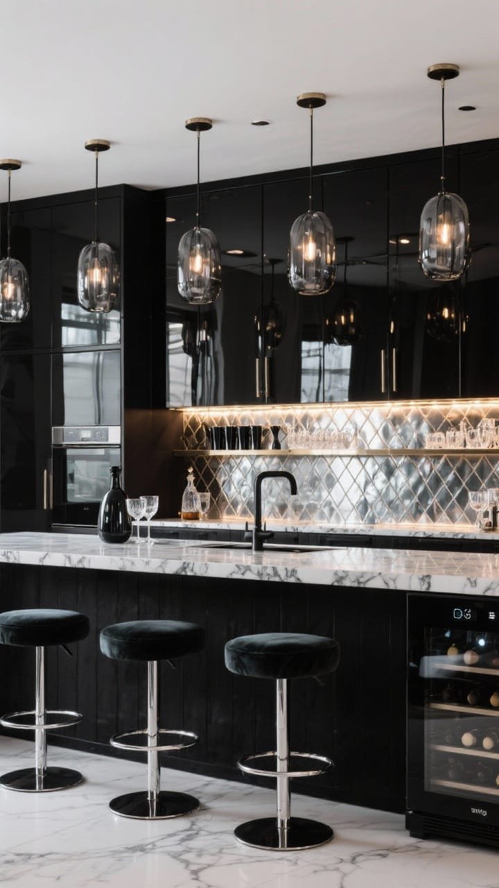 Wide, lounge-like Sleek Smoke & Mirror Bar Kitchen: high-gloss black lower cabinets, smoked glass front uppers, black marble-look counters with bold white veining, mirrored/metallic tile backsplash reflecting under-cabinet LEDs. A backlit bar shelf with LED strips glowing behind matte black shaker set, crystal coupe glasses, and a smoked decanter. Smoked-glass pendants overhead, low-profile velvet stools with chrome/black metal bases, touch-activated black faucet, built-in-style wine fridge. Sultry, glamorous, party-ready lighting.