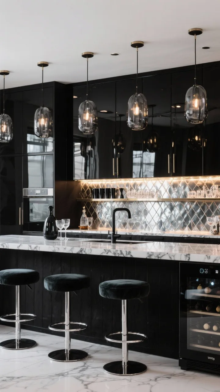 Wide, lounge-like Sleek Smoke & Mirror Bar Kitchen: high-gloss black lower cabinets, smoked glass front uppers, black marble-look counters with bold white veining, mirrored/metallic tile backsplash reflecting under-cabinet LEDs. A backlit bar shelf with LED strips glowing behind matte black shaker set, crystal coupe glasses, and a smoked decanter. Smoked-glass pendants overhead, low-profile velvet stools with chrome/black metal bases, touch-activated black faucet, built-in-style wine fridge. Sultry, glamorous, party-ready lighting.