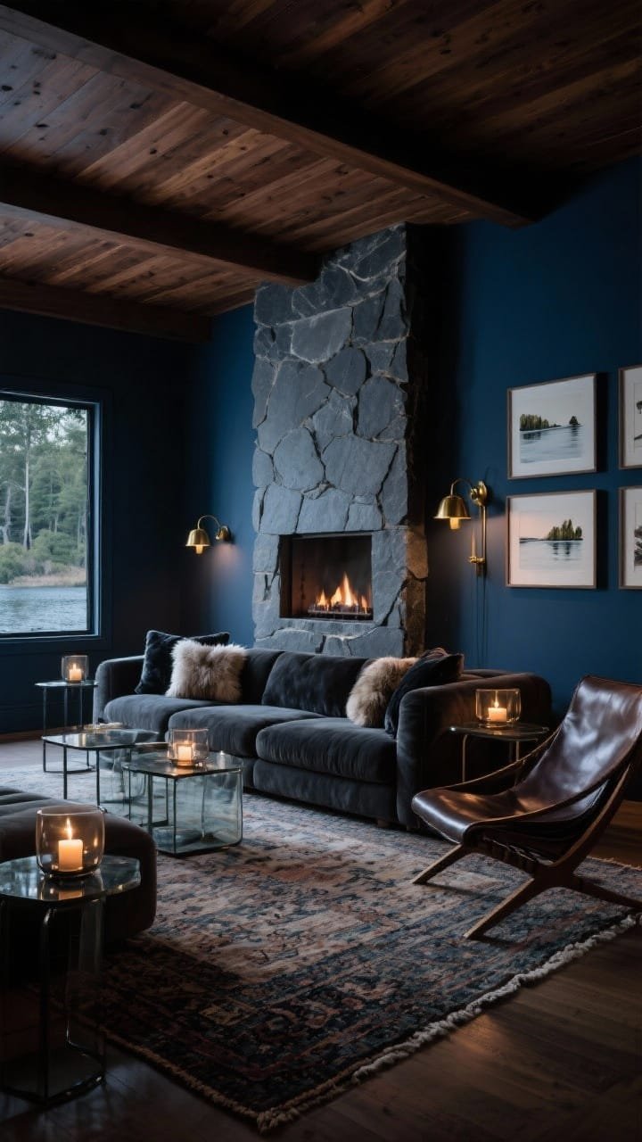 Wide, low-light dramatic lounge scene: walls in deep ink blue, espresso wood ceiling, and a central slate-clad monolith fireplace; a low charcoal modular sofa piled with velvet and faux-fur pillows; aged brass picture lights washing a gallery of lake sketches, smoked glass nesting tables reflecting candlelight, and a rich leather sling chair; grounded by a thick hand-knotted rug; moody, cinematic evening illumination.