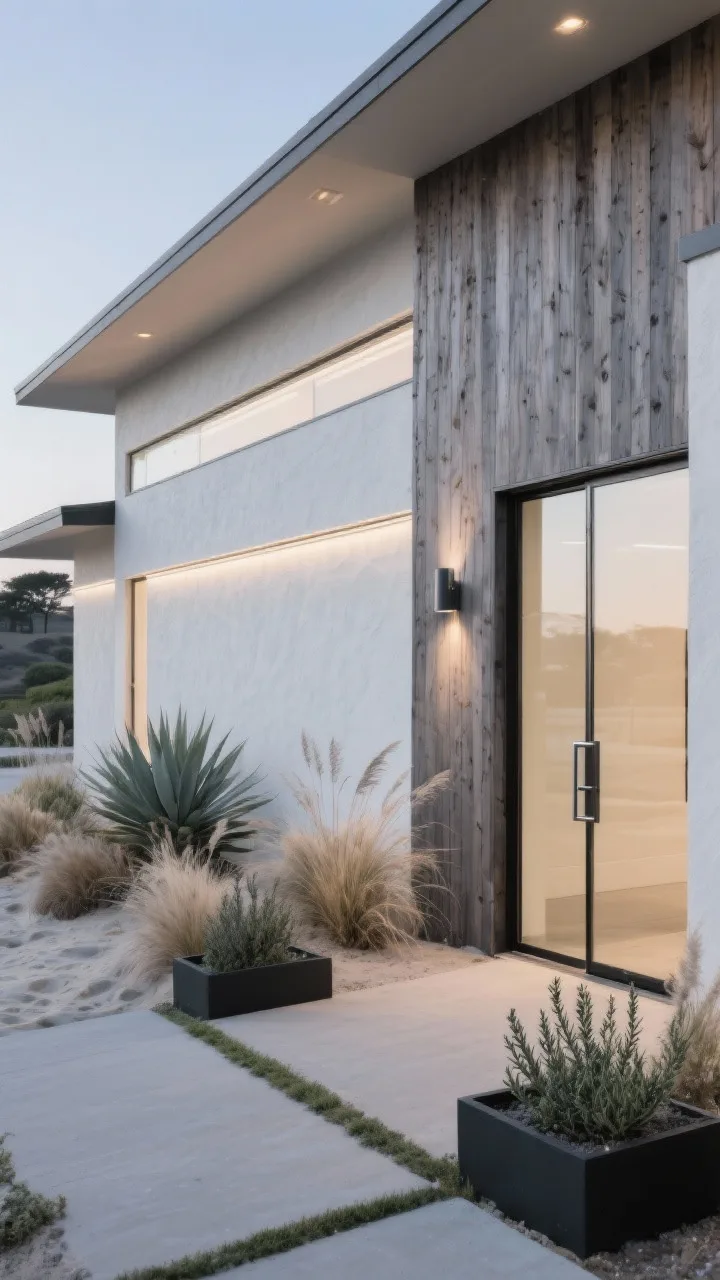 Wide, low, linear exterior of a &ldquo;Driftwood Modern Ranch&rdquo;: fa&ccedil;ade mixing vertical cedar cladding in driftwood-gray stain with large off-white stucco panels, long horizontal ribbon windows, ultra-thin flat roof with concealed fascia. Sliding frameless glass front door with brushed stainless pull. Modern coastal landscaping with agave, feather grass, and coastal rosemary in simple soft-black planters. Evening scene with recessed soffit lighting and linear pathway lights; cedar reading warm, stucco cool; palette of driftwood gray, bone white, and soft black. Photorealistic.