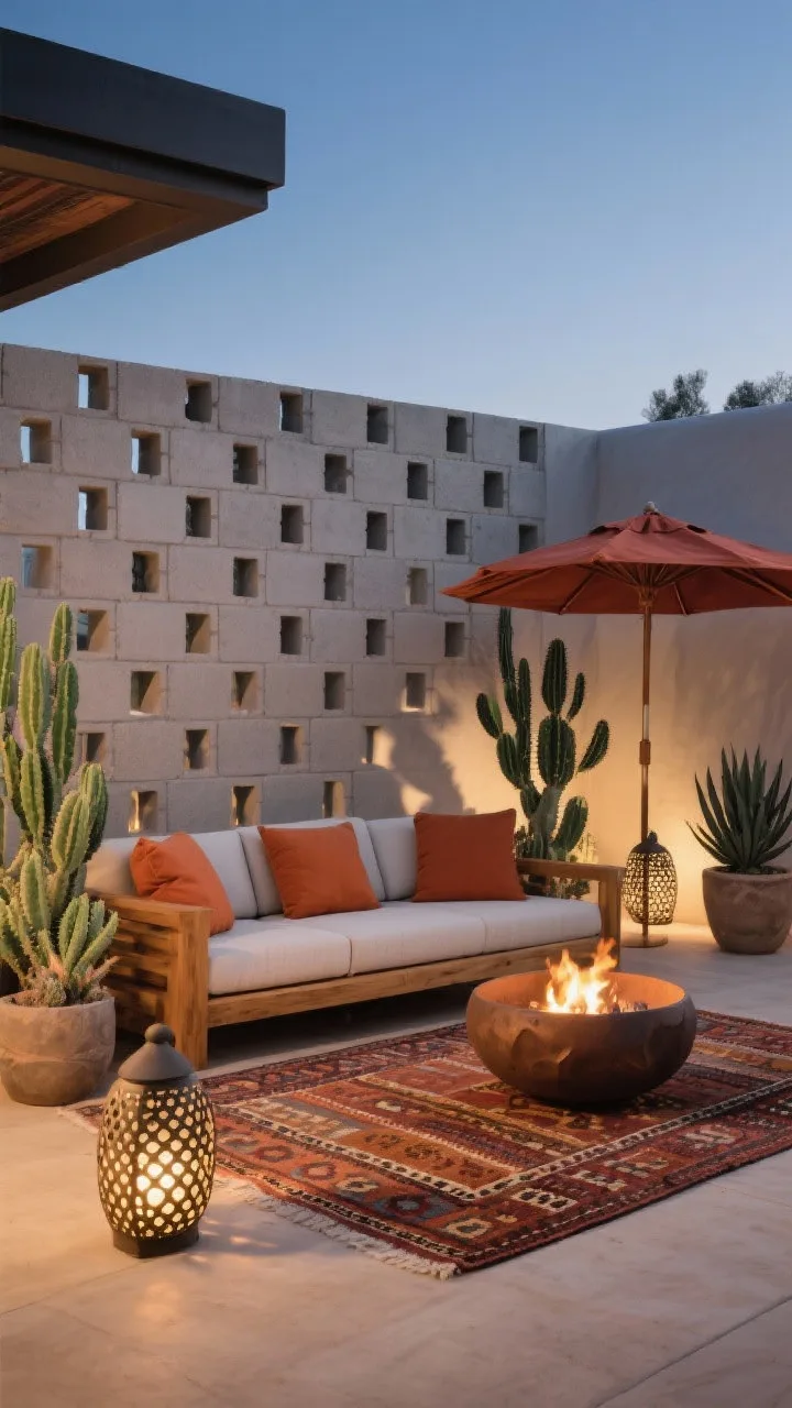 Wide patio scene, desert-modern: breezeblock privacy screen wall stacked as a geometric mural, painted soft greige; low teak sofa with terracotta cushions; patterned kilim rug; rust-colored umbrella; spiky succulents in sculptural planters; sculptural fire bowl; palette of sand, rust, cactus green, charcoal; perforated lanterns; uplighting casting dramatic nighttime shadows through breezeblock cutouts; straight-on, twilight, photorealistic.
