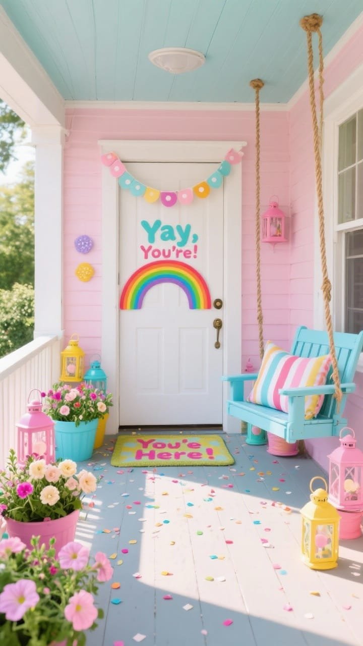 Wide playful pastel porch: white door wrapped with a pastel rainbow garland, polka-dot confetti planters filled with pastel petunias, ranunculus, and sweet peas, candy-colored lanterns scattered at varying heights, powder blue porch swing with striped cushions, bold “Yay, You’re Here!” mat layered at the threshold, bright cheerful daylight, whimsical and kid-friendly.