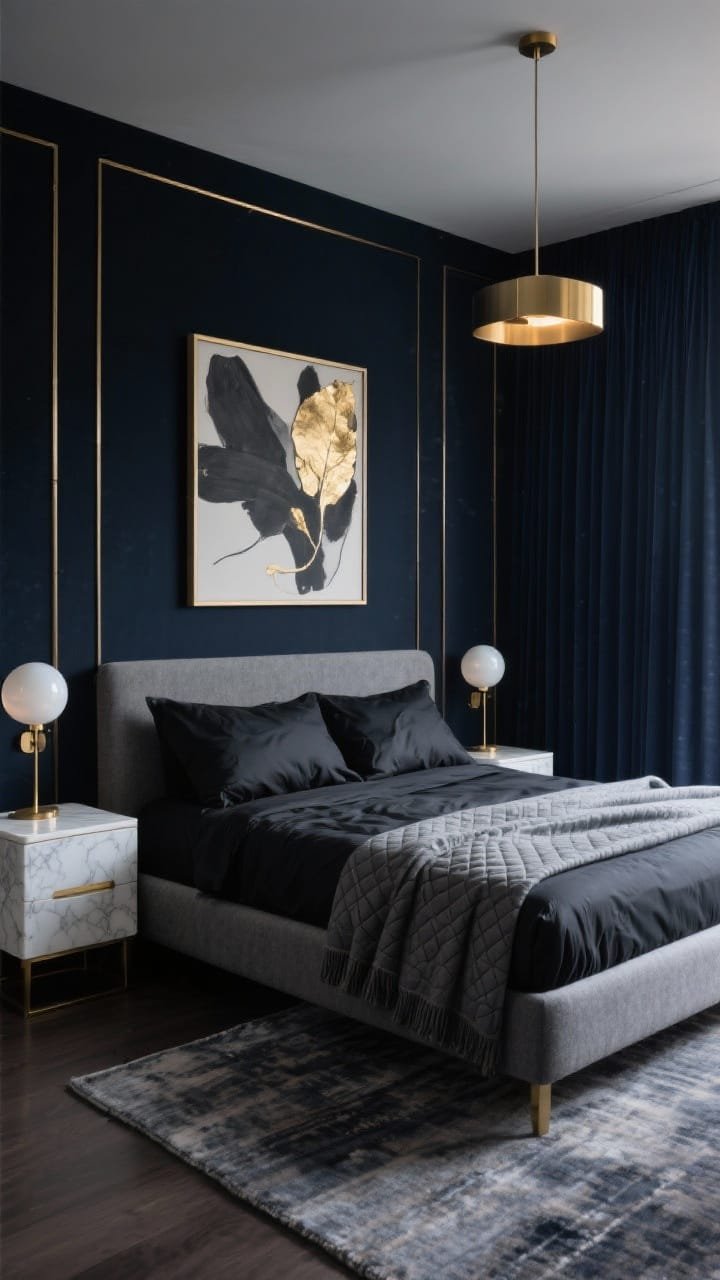 Wide, polished hotel-luxe bedroom shot, straight-on: near-black navy walls with slim brass picture-frame molding catching the light; low-profile upholstered bed in graphite wool; black sateen sheets, smoky gray cashmere blanket, and a quilted silk coverlet with subtle sheen; nightstands with white marble tops and brass bases; opal globe sconces and a linear brass pendant on dim setting; oversized abstract artwork in charcoal and gold leaf above the headboard; floor-to-ceiling midnight-blue blackout drapes; hand-knotted rug in smoky gradients underfoot; photorealistic, sultry mood.