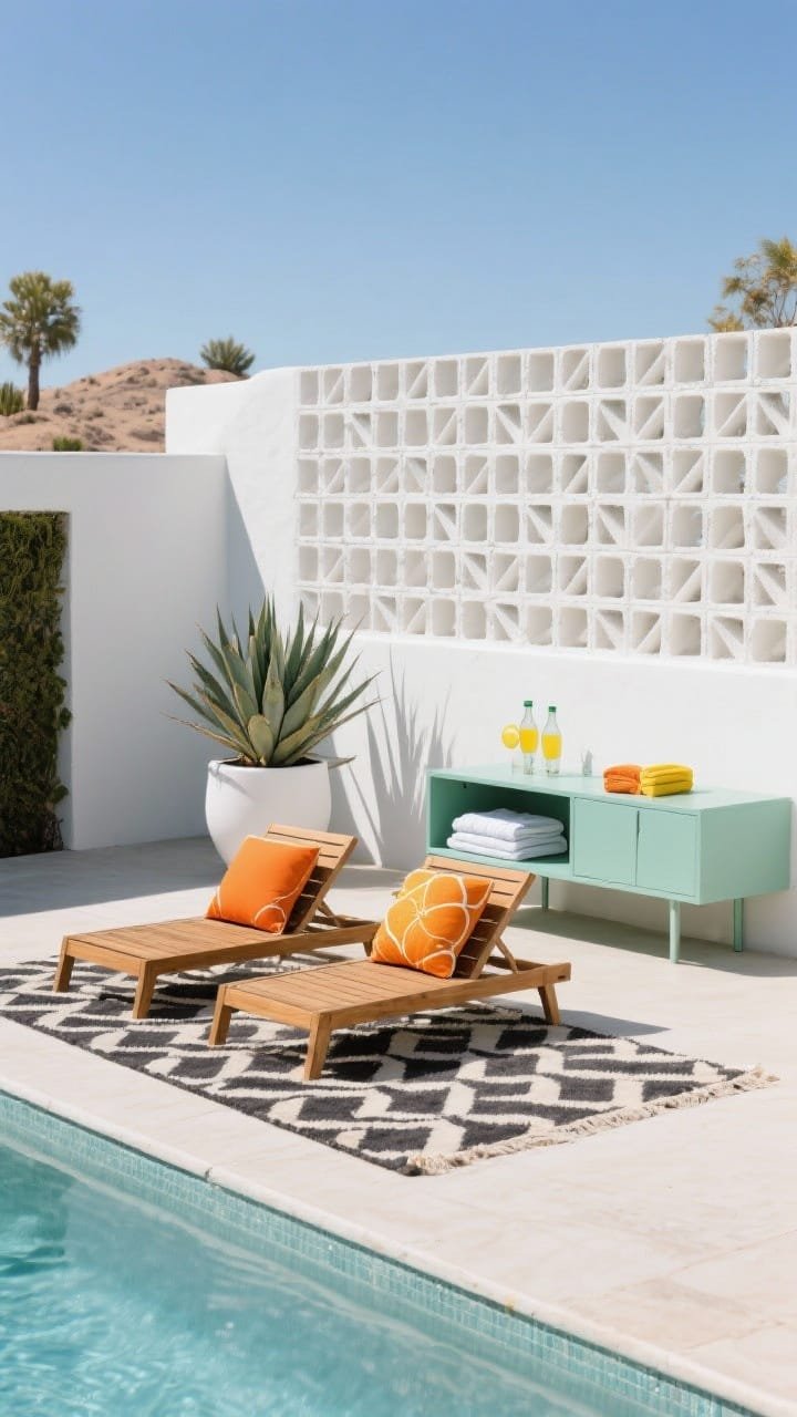 Wide poolside scene, mid-century: retro breeze block privacy wall filtering sunlight in geometric patterns; white-and-charcoal geometric rug under teak loungers with citrus-colored cushions in tangerine and lemon; a low mint-green sideboard holding neatly folded towels and spritzers; spiky agaves in white planters; bright desert sun with crisp shadows; colors white, charcoal, tangerine, lemon, mint; materials breeze blocks or resin panels, teak, powder-coated steel; straight-on, photorealistic.