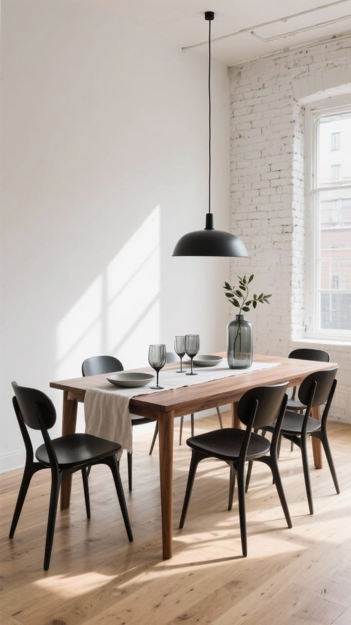 Wide room shot &mdash; A sun-drenched minimalist gallery loft dining scene with whitewashed brick walls, pale oak floors, and a low-profile walnut dining table. Sculptural curved black ash chairs with slender legs surround the table. On the table, smoked glass tulip goblets with bell-shaped bowls and tapered stems cast soft, elongated shadows that echo a matte black linear pendant above. Styling includes a minimalist linen runner, stoneware plates in putty gray, a tall cylindrical glass vase with a single olive branch, and subtle materials like honed concrete, matte ceramic, and brushed steel accents. Color palette: cloud white, smoked charcoal, warm walnut. Natural afternoon light, photorealistic, straight-on perspective.