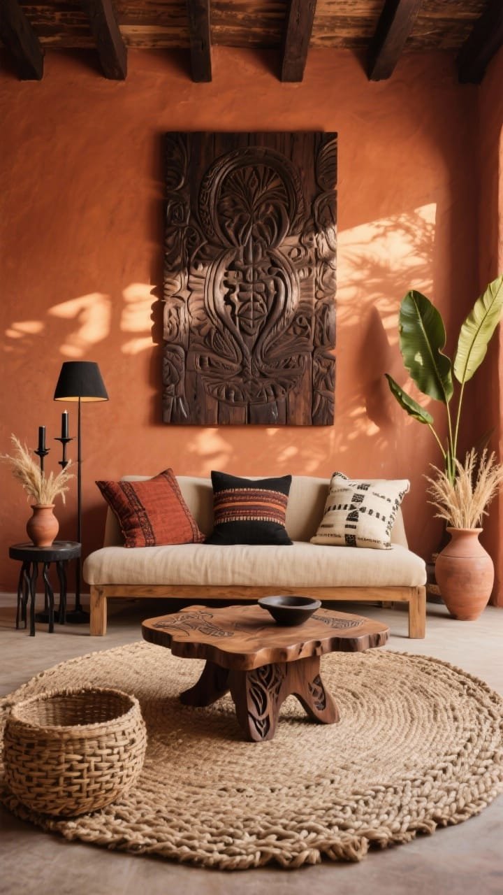 Wide room shot, photorealistic: An Afrohemian living room with sun-baked terracotta walls and deep chocolate wood accents. A low warm-oat linen sofa sits beneath a massive carved African wood panel that casts dramatic shadows. Centered is a hand-carved teak coffee table with organic edges on a chunky-braided jute rug. Add a trio of mudcloth pillows in rust, black, and cream, a banana leaf floor lamp providing sculptural light, clay pots with dried grasses, matte black iron candle holders, and a woven wall basket. Palette: terracotta, cocoa brown, oat, matte black. Soft late-afternoon natural light.