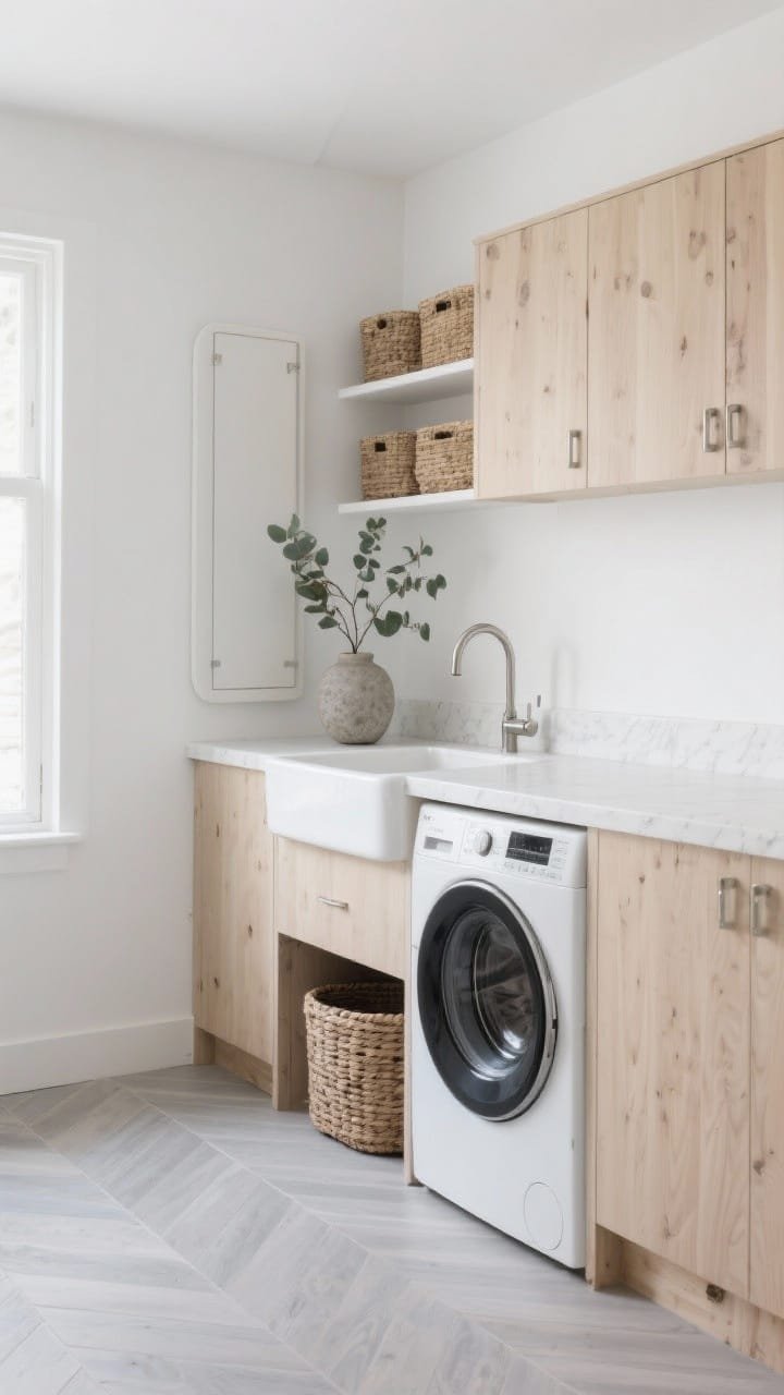 Wide room shot, Scandinavian Calm utility room: bleached oak flat-panel cabinets with brushed nickel hardware, matte white quartz countertop with integrated sink and soft-curve pull-down faucet, washer and dryer tucked beneath the counter, hidden pull-out laundry sorter slightly ajar, slim vertical cabinet for ironing board storage, open shelving with woven baskets, soft white walls, light grey porcelain herringbone floor, a single eucalyptus branch in a stone vase; natural daylight, calm minimalist mood, photorealistic, no people.
