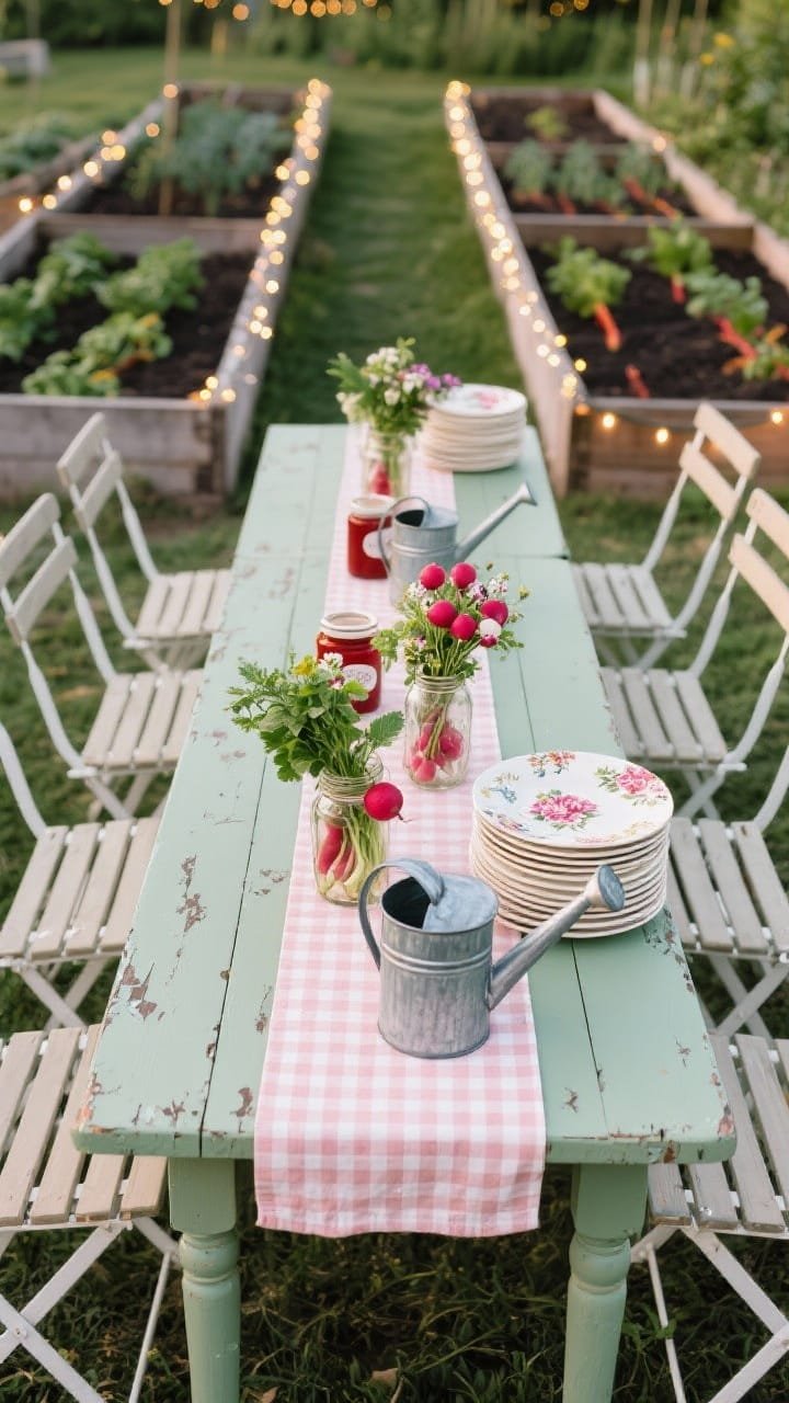 Wide shot among raised vegetable beds: a narrow fold-out table painted sage paired with white bentwood chairs, a gingham runner clipped down the center. Jam jars filled with freshly harvested radishes, herbs, and edible flowers as centerpieces; galvanized watering cans repurposed as vases; a stack of floral plates ready for serving. Fairy lights threaded along the bed edges provide twinkle at dusk. Palette: sage, cream, soft pink, tomato red accents; textures: gingham, galvanized metal, chipped paint.