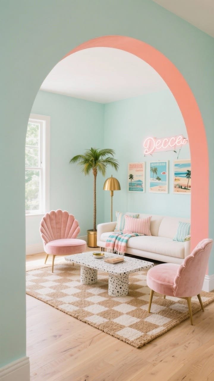 Wide shot, bright pastel photorealistic living room in daylight: pale mint walls with a coral-painted arch framing the entry. Low cream sectional with two blush velvet shell-backed accent chairs around a terrazzo coffee table. Brass palm tree floor lamps flanking the seating. Light oak floors with a checkerboard sisal rug. Scallop-edge cushions, striped throws, and a neon script sign with pastel Deco travel posters on the wall. Breezy beachy vibe, angled from the corner; no people.