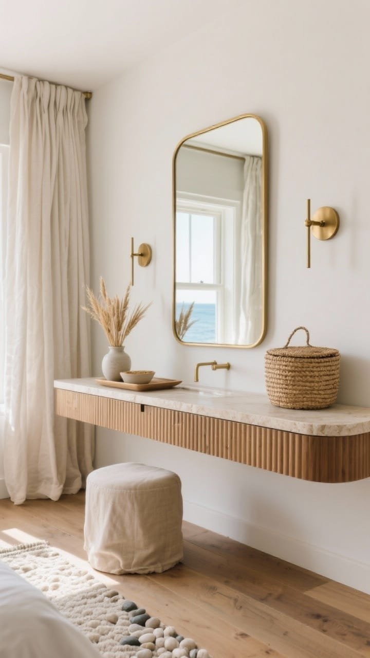 Wide shot, coastal-calm bedroom vanity scene: a floating fluted oak cabinet with a honed beige sandstone slab, slim brushed-brass framed wide mirror reflecting linen-draped windows, paired minimalist brushed-brass wall sconces; warm oat, soft white, and pale sand palette. Styling includes a ceramic tray with dried reeds, woven lidded basket on the shelf, and a flax-linen stool. Matte oak plank flooring with a cotton pebble rug underfoot; soft natural morning light, muted brass glow, serene boutique-hotel vibe.