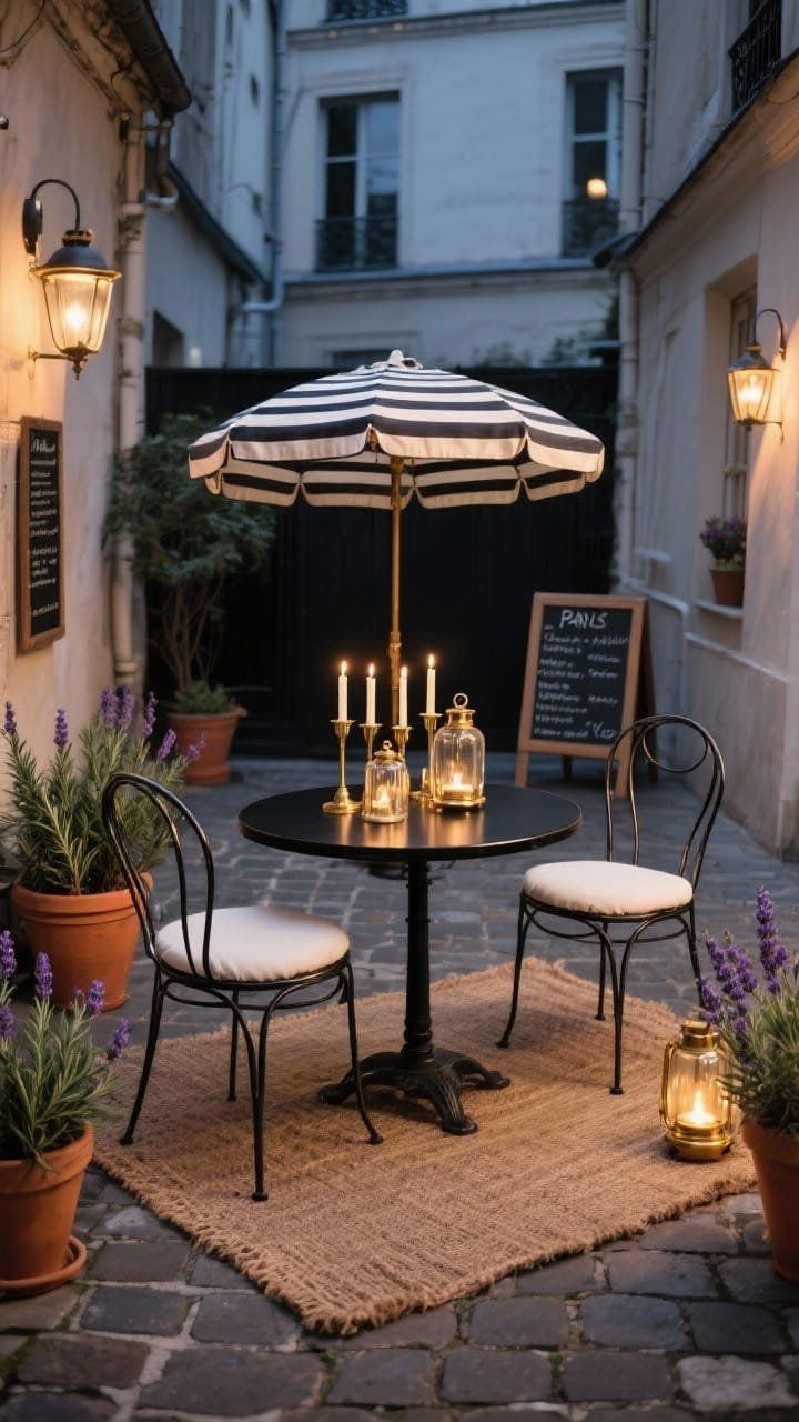 Wide shot, evening courtyard bistro scene: a petite Parisian-style patio with a slim round matte black bistro table, two curved metal chairs with ivory seat cushions, and a stripey caf&eacute; umbrella. Terracotta pots of rosemary and lavender flank the stone pavers atop a jute outdoor rug. Mismatched brass taper candle holders clustered on the table, glass lanterns glowing in the corners, and a tiny chalkboard menu propped on the tabletop. Palette of charcoal, cream, brass, terracotta; textures of jute, metal, striped canvas, aged clay; warm candlelight and lantern glow.