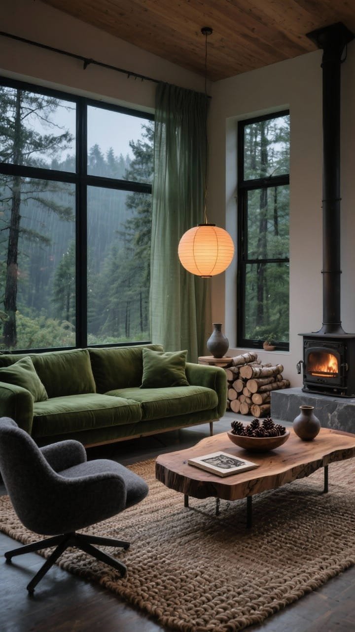 Wide shot, forest-edge living room at dusk with floor-to-ceiling windows in slim black frames and gauzy linen panels, deep low moss-green velvet sofa and two smoky charcoal wool swivel chairs oriented toward the view, live-edge oak coffee table on a braided jute rug, paper lantern pendant casting a soft amber glow, cast-iron stove in the corner near a slate hearth stacked neatly with birch logs, smoky ceramic vessels and a stack of woodcut prints on the table, bowl of pinecones; palette of moss green, smoky charcoal, and warm oak; photorealistic, quiet post-rain mood