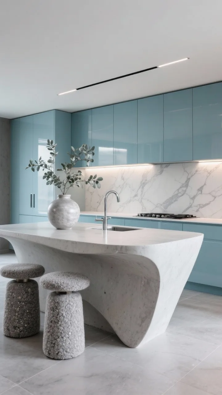 Wide shot, gallery-like straight-on: A Sculpted Concrete Luxe kitchen anchored by a sculptural concrete island with rounded waterfall corners, satin-honed surface. Flat-panel ice-blue lacquer cabinets reflecting light like frost; integrated pulls. Slab quartz backsplash with feathery gray veining running to the ceiling. Thin-profile induction cooktop nearly flush with the counter. Low-back stools upholstered in pebble-gray bouclé, slim chrome tap, linear LED under-cabinet lighting, and large-format concrete-look porcelain flooring with minimal grout. A single oversized stoneware vase with silvery eucalyptus. Clean, luminous, high-design ambiance. Photorealistic.