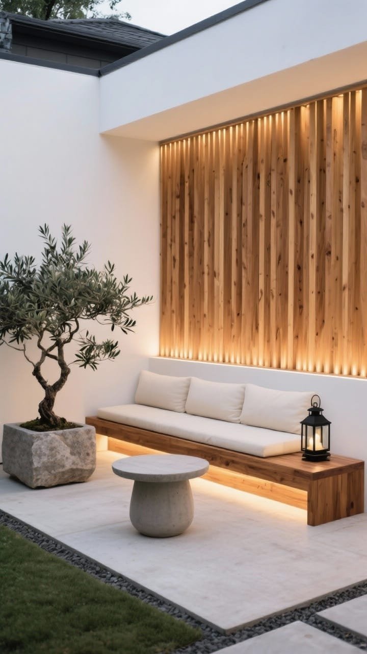 Wide shot, Japandi courtyard: horizontal cedar slat privacy screen with precise 1-inch gaps, warm honeyed cedar tone; low-profile teak bench with cream cushions; rounded concrete side table; matte black lantern; bonsai or olive tree in a stone planter; hidden LED strip behind slats casting a soft evening glow; palette of warm white, matte black accents; smooth wood, linen, and concrete textures; straight-on view, photorealistic, no people.