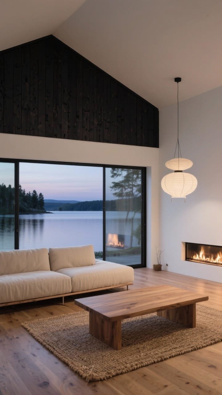 Wide shot, lakeside living room at dusk: a Nordic minimal cabin with matte black shou sugi ban exterior visible through an entire wall of floor-to-ceiling glass facing the lake; interior features bone-white walls, natural oak floors, a low-profile beige linen sectional oriented toward the view, a linear gas fireplace set flush in a minimalist wall, a single oversized ash wood coffee table on a woven jute rug, and sculptural paper pendant lights; calm, quiet mood with soft natural reflections on glass, no people.