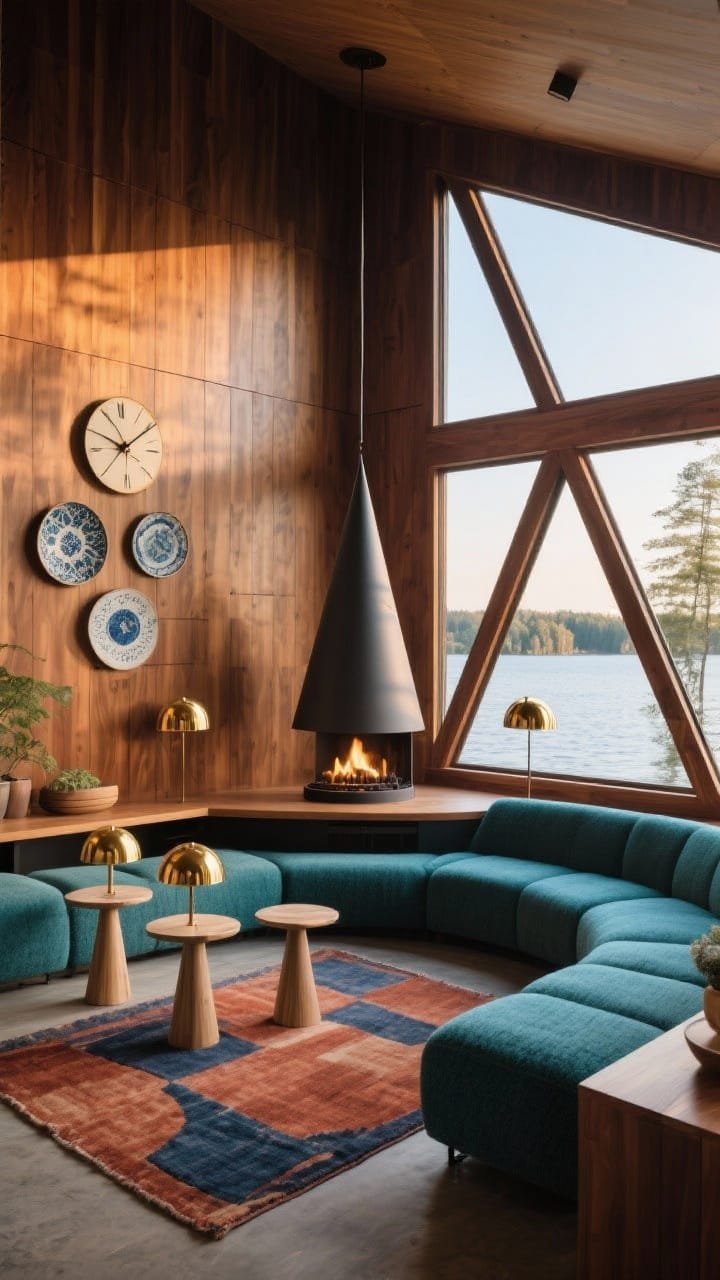 Wide shot, mid-century lake loft with geometry framing the view: warm walnut wall paneling, a sunken conversation pit upholstered in teal wool surrounding a cone-shaped hanging fireplace at center; triangular windows turning the lake into living artwork; tapered-leg side tables, a trio of brass dome lamps, and a graphic rug in rust and indigo; sculptural wall clock/ceramic plate arrangement; crisp late-afternoon light.