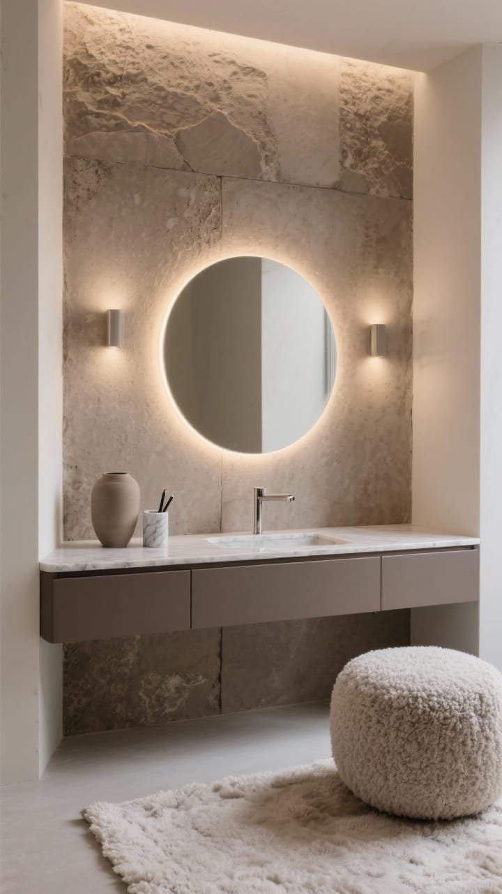 Wide shot, minimalist straight-on: Contemporary monochrome vanity with a matte taupe floating drawer with integrated pulls and a seamless quartz top. Centered above is a large round backlit halo mirror with adjustable warmth, casting soft, indirect glow. Additional recessed accent lights graze a textured microcement wall panel behind, creating subtle light play. Palette of warm taupe, stone, and soft white; textures of microcement, boucle, and brushed nickel. Surface accents: ceramic cylinder vase and marble pencil cup; a boucle pouf nearby. Pale wool rug grounds the space. Hushed, airy, and quietly luxurious, no people.