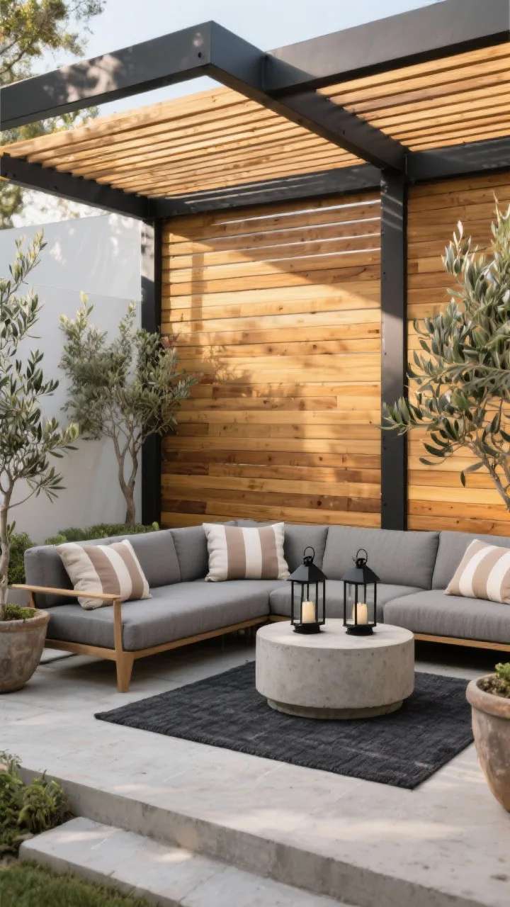 Wide shot, modern slatted oasis: a horizontal cedar slat privacy screen stained in warm honey framed by matte charcoal brackets, set behind a low-profile outdoor sectional with stone-gray cushions and taupe striped pillows on a charcoal outdoor rug; a round concrete side table, two black metal lanterns, and potted olive trees softening the edges; late afternoon natural light with gentle shadows; color palette honey wood, charcoal, stone gray, taupe; materials cedar, powder-coated metal, concrete; straight-on view, photorealistic.