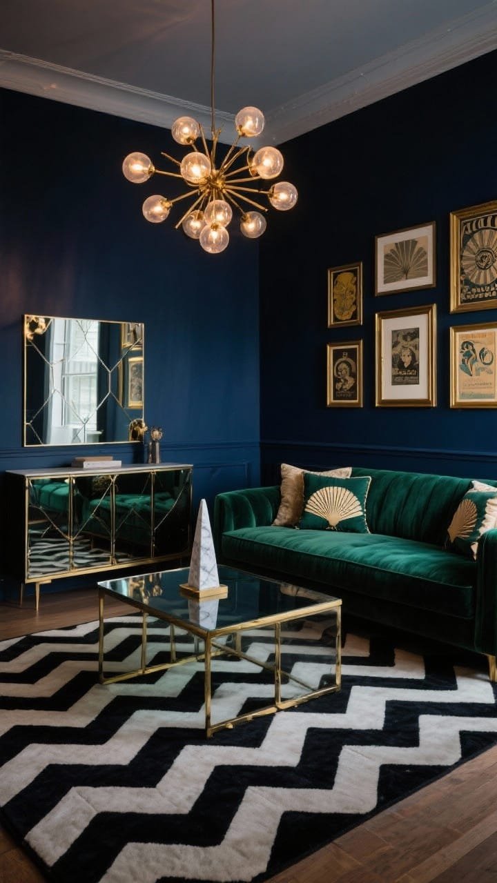 Wide shot, moody photorealistic living room at dusk: inky navy satin walls, low-profile emerald velvet sofa, brass-and-smoked-glass rectangular coffee table centered on a black-and-cream chevron rug, starburst chandelier with frosted globe bulbs casting warm reflections on a mirror-paneled console. Include fan-motif cushions, a marble obelisk sculpture on the coffee table, and a cluster of gold-framed Deco posters on the wall. Angle from a corner to catch geometry and glow; no people.
