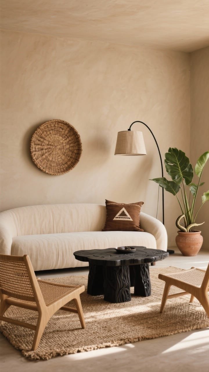 Wide shot of a Neutral Nomad living room with warm oatmeal walls and a low-profile curved-edge linen sofa in bone; a blackened, hand-carved wood coffee table centered on a flatweave jute rug; two modern-line rattan lounge chairs flanking the scene; minimal patterns with a single mudcloth pillow in tiny triangle print; one tall fiddle-leaf fig and a compact snake plant in clay pots; a matte black arc lamp with a linen shade adding sculptural height; a single oversized woven wall basket above the sofa; palette of camel, bone, matte black, and soft olive; soft afternoon natural light, photorealistic, straight-on angle.