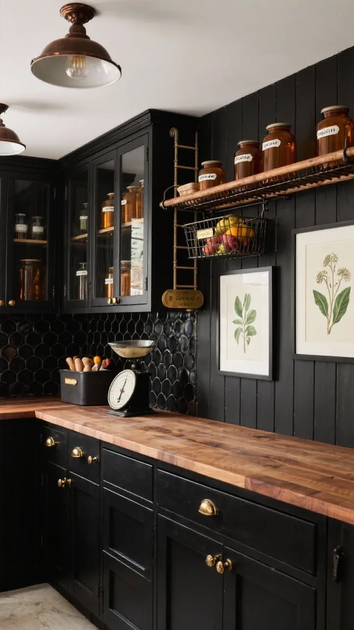 Wide shot of a Vintage Apothecary Pantry wall: ink-black base cabinets with walnut butcher block, glass-front uppers displaying amber glass jars and labeled canisters. Dark beadboard backsplash (or black penny tile) adding texture, schoolhouse flush mounts in oil-rubbed bronze on the ceiling. A rolling library ladder rail along the uppers, wire baskets with produce, bin pulls and label-holder plates in aged brass. Black-framed botanical prints and a vintage-look scale on the counter, theatrical yet practical mood.