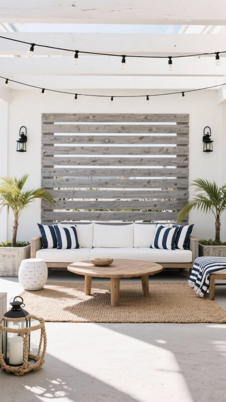 Wide shot, outdoor lounge: A breezy coastal slat wall lounge with a horizontal cedar slat privacy screen stained driftwood gray, evenly spaced boards filtering light; a low-profile white outdoor sectional piled with navy-and-cream striped cushions faces a circular teak coffee table on a woven seagrass rug; planter boxes with dwarf palms flank the screen; string cafe lights run along the top beam and two black marine-style sconces are mounted on either side; accents include a white ceramic garden stool, rope-handled lanterns, and a striped outdoor throw; bright, beachy natural daylight, straight-on view, photorealistic.