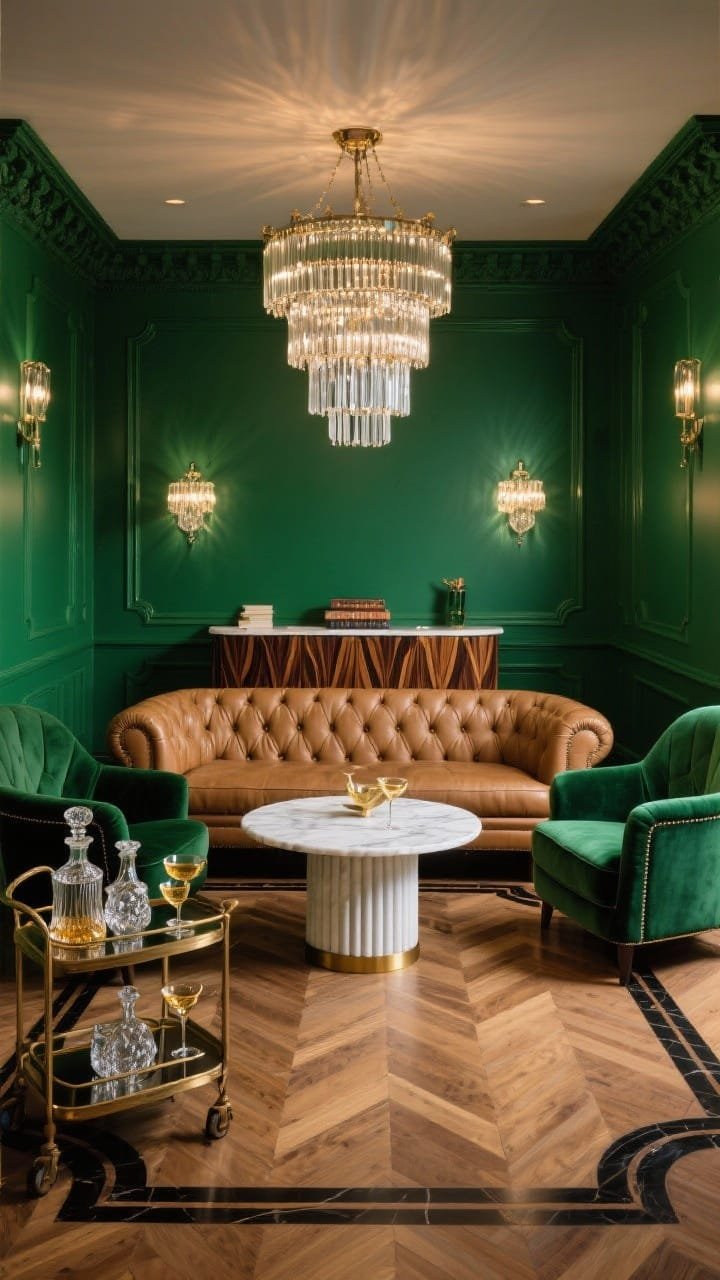Wide shot, rich photorealistic cocktail lounge ambiance: walls and crown in billiard green enveloping the room. Tufted camel leather sofa facing two emerald velvet club chairs with Deco piping. Centered round white marble coffee table with a fluted brass base beneath a tiered glass-rod chandelier sparkling like jewelry. Behind the sofa, a console with bookmatched wood veneer. Herringbone wood floor with a black border inlay, vintage-style bar cart with cut crystal decanters and gilded coupe glasses. Evening glow; no people.