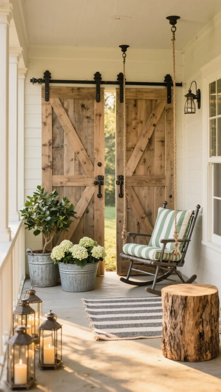 Wide shot, rustic porch escape: Two sliding barn-door privacy screens made from rough-sawn cedar Z-brace panels mounted on a weatherproof exterior barn door track between posts; panels partially closed for a cozy nook; a porch swing with ticking-stripe cushions, a vintage-look metal rocker, and a chunky wood stump side table; palette of cream, sage, and warm wood with soft black hardware; forged-iron handles and big carriage bolts visible; galvanized tubs with hydrangeas and a potted bay tree; a weathered milk-can planter near the corner; a row of candle lanterns and a classic striped outdoor rug tie the space together; golden late-afternoon light, straight-on wide angle, photorealistic.