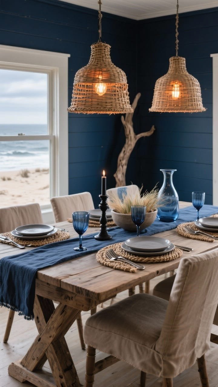 Wide shot, slightly off-center perspective: A moody beach house dining area with ink blue walls with a micro-sheen, a weathered oak trestle table, and slipcovered chairs in sandy taupe. On the table: transparent navy ink-tinted stemware, stone-gray ceramic plates, braided jute placemats, and pewter flatware. Overhead, woven rattan pendants with warm Edison bulbs provide amber light. Centerpiece of driftwood, black pillar candles, and a low bowl of sea grasses; accents include an indigo linen runner and a hand-blown smoky blue glass water carafe. Photorealistic, storm-at-sea chic.