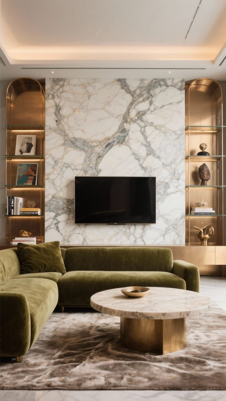 Wide shot, straight-on: A luxe veined marble statement wall with a TV mounted flush into the slab. Wafer-thin bronze-framed glass shelves flank the TV, styled with art books and sculptural objects. Furniture is low and opulent: an olive velvet sofa, a round travertine coffee table, and a textured silk rug. Warm uplighting grazes the marble so the veins glow at night. Metals in brushed bronze or champagne gold, polished yet serene, photorealistic.