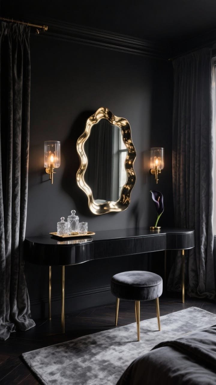 Wide shot, straight-on: A moody old-Hollywood glam bedroom vanity scene with a low lacquered black console with rounded corners, topped by a large rippled brass mirror that looks like liquid metal catching candlelight. Two smoky glass sconces with warm, soft bulbs flank the mirror, casting glow that hugs the face without glare. A plush charcoal velvet stool with brass legs sits in front. Palette of inky black, smoked gray, and antique brass. Dense floor-length velvet curtains in charcoal frame the scene, with a muted charcoal rug underfoot. On the vanity: a tray of cut-crystal jars and a single dark calla lily. Photorealistic, cinematic shadows, no people.