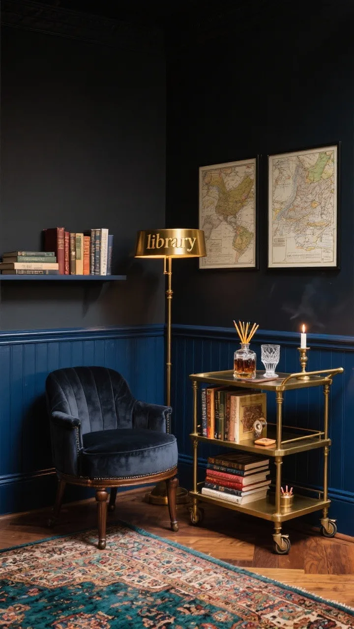 Wide shot, straight-on: A speakeasy-inspired study with peel-and-stick wainscoting panels painted deep navy-black (Hague Blue lookalike) and a narrow picture ledge displaying leaned books and framed maps lit by a brass picture &ldquo;library&rdquo; lamp. A midnight velvet barrel-back chair sits beside a rolling brass bar cart reimagined as a mobile library, styled with short stacks of paperbacks, a small decanter, a cut-crystal cup holding pencils, and a vintage match striker next to a smoky candle. A faded Persian-style rug ties in jewel tones. Warm, intimate lighting, photorealistic.