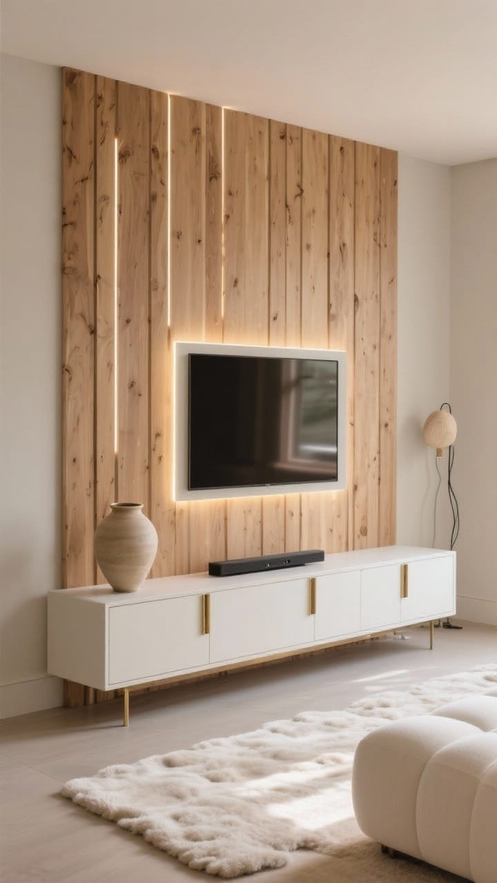 Wide shot, straight-on: A warm minimalist media wall with full-height vertical natural oak slats with slim gaps, a frame TV floating centered, soft LED backlighting haloing the slat wall, and a wall-to-wall low matte-lacquer console in warm white with brushed brass pulls. Greige painted side walls, pale wool rug, cloud-like off-white sectional sofa. A single oversized ceramic vase on the console and one sculptural sconce to the side. Hidden cable channel and a recessed soundbar shelf beneath the TV. Soft afternoon light, calm, clean, photorealistic.