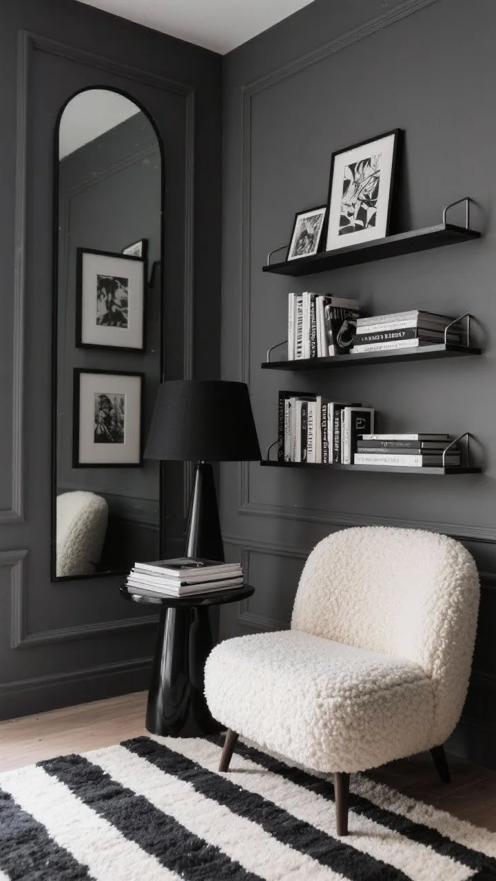 Wide shot, straight-on view: A monochrome Parisian-inspired reading nook with charcoal-painted walls and peel-and-stick picture frame molding. A tall slim arched mirror reflects soft light. A cream boucl&eacute; low-slung slipper chair sits beside a lacquered black side table topped with a tapered black lamp and a neat stack of graphic hardcovers. Matte black floating shelves display precisely stacked books and black-and-white art prints in thin metal frames. A striped wool rug anchors the space. Clean lines, polished mood, photorealistic, soft indirect lighting.