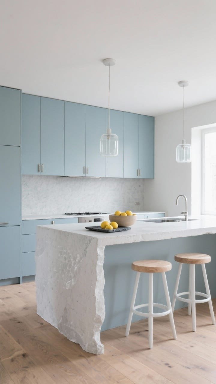 Wide shot, straight-on view: A serene Nordic Mist minimalist kitchen with matte cloud-blue slab cabinets and a pale concrete waterfall island that appears carved from a glacier. Micro-cement dove gray backsplash with slight texture, brushed nickel edge pulls that nearly disappear, frosted glass cylinder pendants over the island. White oak stools with soft radius edges, wide-plank ash flooring in natural matte. Minimal styling: a ceramic bowl of lemons and a slate tray on the island. Soft, airy palette with no heavy contrasts; calm, diffused daylight for a tranquil mood. Photorealistic.