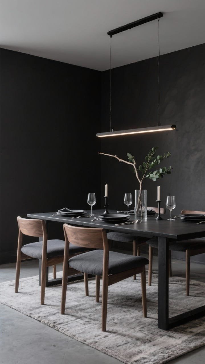 Wide shot, straight-on view: A sleek, minimalist dining room with charcoal walls, a slabby matte-black dining table, and low-profile oak chairs with dark anthracite cushions. On the table: smoked gray wine glasses with a soft gradient fading to clear at the rim, black stoneware plates, linen napkins in cool graphite, and brushed steel flatware. Lighting is a linear black pendant with dimmable warm LEDs casting a soft glow. Textures include a concrete-look rug underfoot, blackened steel candleholders, and a single sculptural branch in a glass cylinder. Add a pop of deep green eucalyptus for life. Photorealistic, moody, cinematic noir vibe.