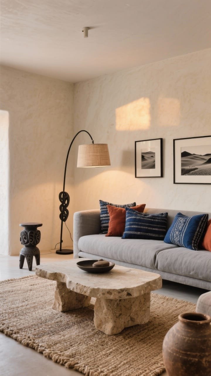 Wide shot, straight-on view of a Desert Sun living room at golden hour: sand-washed beige lime-plaster walls, crisp white ceiling, low modern stone-gray linen sofa piled with indigo mudcloth and rust cushions, chunky travertine coffee table centered on a natural sisal rug, blackened-steel arc floor lamp with linen drum shade casting moody evening light, oversized black-and-white Sahel photography in thin black frames on the walls, a carved Senufo-style stool as a side table, rough pottery accents; color story of sand, charcoal, indigo, and rust; photorealistic, minimal yet warm and tactile.