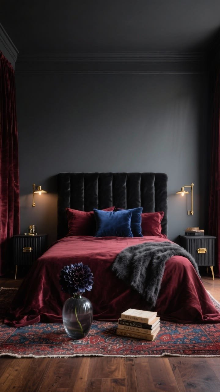 Wide shot, straight-on view of a &ldquo;Velvet Noir Sanctuary&rdquo; bedroom: charcoal-painted walls; a black velvet channel-tufted headboard; deep burgundy duvet with inky-blue velvet pillows and a mohair throw at the foot; brass swing-arm sconces on both sides casting a low, buttery glow on the fabrics; espresso-stained wood flooring with a Persian-style rug in oxblood and navy; slim black-stained wood nightstands with fluted fronts and brass pulls; a low smoky glass vase with dark dahlias and a stack of vintage poetry books; heavy velvet drapes pooled on the floor, photorealistic, moody lighting, no people.