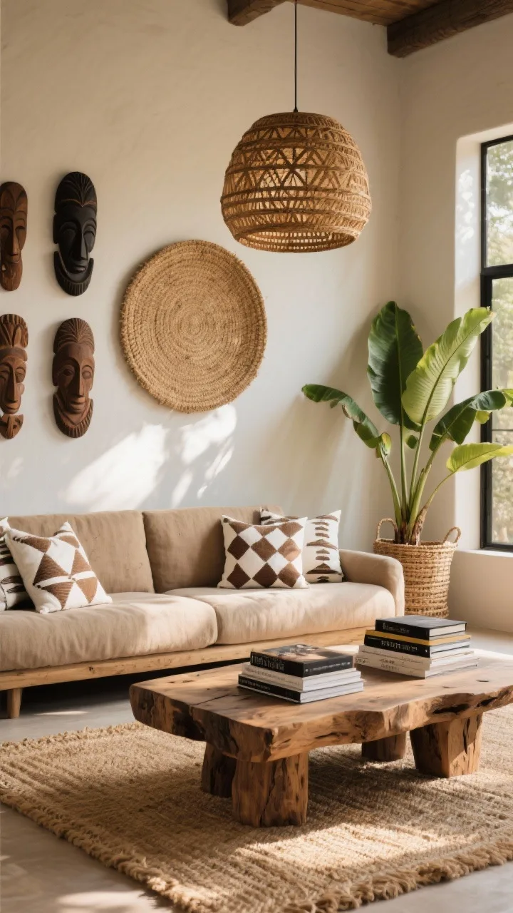 Wide shot, sunlit safari living room: a low-profile linen sofa in warm stone with mud cloth pillows in white-on-brown geometric patterns; a chunky, imperfect raw oak coffee table centered on a seagrass rug; wall display with hand-carved wooden masks balanced by a large woven raffia wall disc; a rattan drum pendant casting patterned shadows; tall banana leaf plant in a woven basket; stack of coffee-table books on African photography. Color palette sand, camel, burnt umber, matte black. Photorealistic, airy daytime light from large windows, natural fibres and warm woods emphasized.