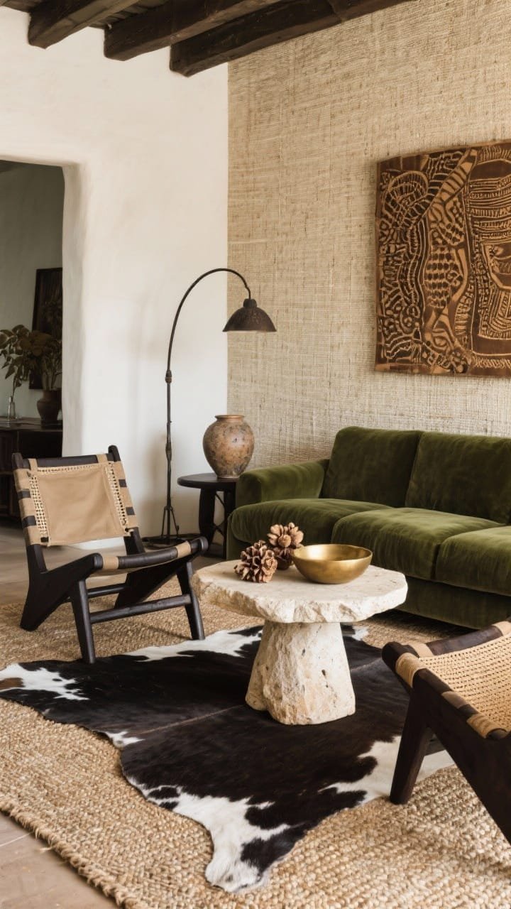 Wide shot with focal seating: Curated-meets-adventurer living room. Pair of curved safari chairs in dark wood with canvas slings flank a stone pedestal coffee table. Deep olive velvet sofa adds luxe contrast. Neutral grasscloth wall behind displays oversized batik artwork in warm sepia tones. Layer a cowhide rug over sisal, and include a forged-iron arc floor lamp. Accents: brass bowls, dried seed pods, textured pottery. Palette: olive, espresso, bone, sepia, black. Soft diffused daylight.