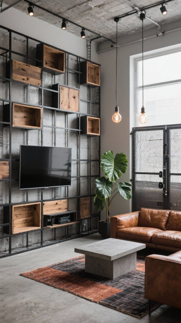 Wide, slightly elevated angle: Industrial loft grid media wall composed of a black steel grid with reclaimed oak cubbies. TV set in a crisp rectangular bay, adjacent metal-mesh doors concealing equipment. Texture trio visible: steel, reclaimed wood, concrete. Cognac leather sofa, concrete coffee table, flat-woven rug in rust and charcoal. Track lights grazing vertical steel and a pair of Edison-style pendants add warm industrial glow. A large fiddle leaf plant softens the edges.