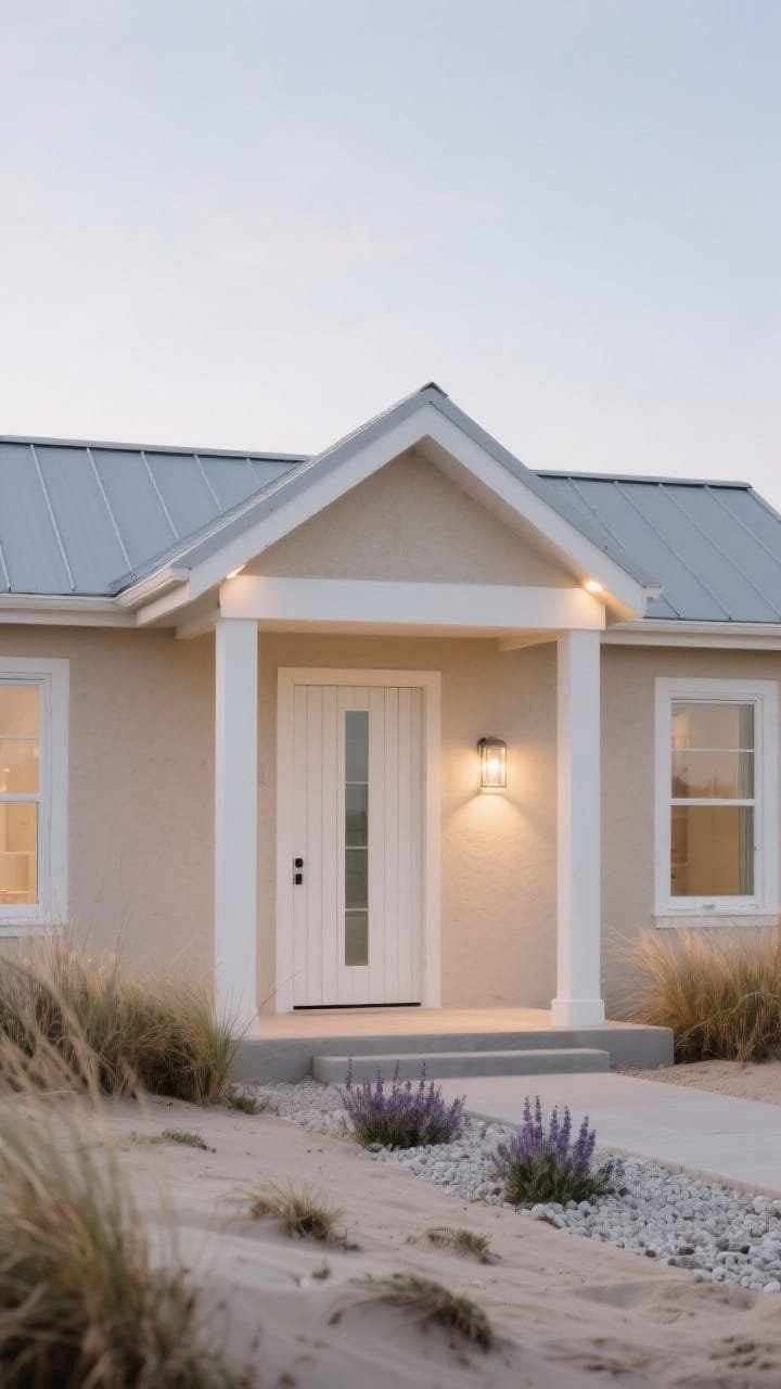 Wide, straight-on exterior shot of a &ldquo;Nordic Dune Cottage&rdquo;: smooth limewashed stucco in warm beige with crisp matte white trim, simple gabled roof in light gray standing-seam metal, serene white oak slat door with a vertical glass insert flanked by narrow windows. Minimal coastal landscaping with low drifts of grasses and sea lavender in a pale gravel bed, hidden gutter lines, frosted glass porch sconce. Dusk scene with discreet downlights grazing the stucco, palette of sand, chalk white, and soft gray, calm symmetry and uncluttered composition. Photorealistic.