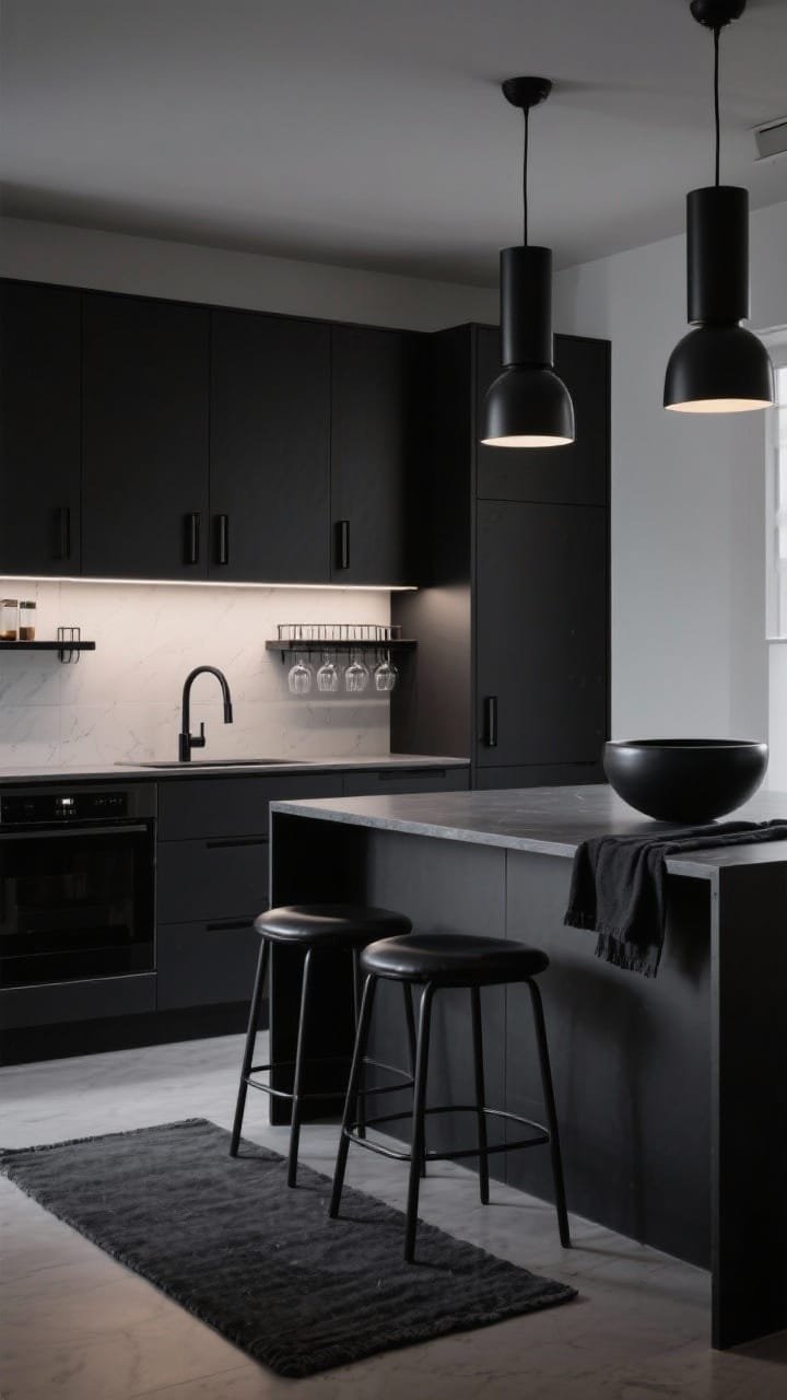 Wide, straight-on photorealistic shot of a Midnight Matte Minimalist kitchen: matte black flat-front cabinets with slim black bar handles, charcoal quartz-look countertops, a simple white-to-pale gray backsplash, black metal open shelves with stemless wine glass racks, and a low-profile black faucet. Black cylinder pendants over a dark island, backless faux-leather black stools with slim legs, a charcoal runner rug, and black linen tea towels. One sculptural matte ceramic bowl in inky tones as the only decor. Clean lines, tight palette, softly diffused evening lighting for a crisp, unapologetically dark mood.