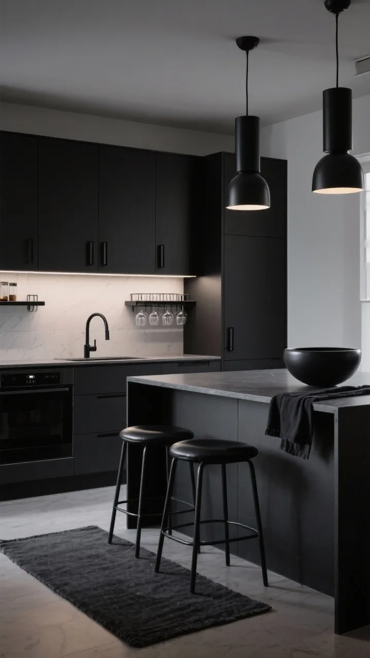 Wide, straight-on photorealistic shot of a Midnight Matte Minimalist kitchen: matte black flat-front cabinets with slim black bar handles, charcoal quartz-look countertops, a simple white-to-pale gray backsplash, black metal open shelves with stemless wine glass racks, and a low-profile black faucet. Black cylinder pendants over a dark island, backless faux-leather black stools with slim legs, a charcoal runner rug, and black linen tea towels. One sculptural matte ceramic bowl in inky tones as the only decor. Clean lines, tight palette, softly diffused evening lighting for a crisp, unapologetically dark mood.