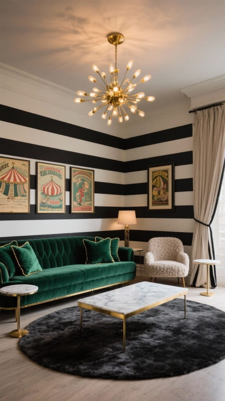 Wide, straight-on shot of a glam living room wrapped in horizontal wide black-and-ivory wall stripes (10&ndash;12 inches), anchored by a deep emerald velvet low-profile sofa. Include a low brass-trimmed rectangular coffee table centered on a round, high-pile charcoal rug. Add slim marble side tables, a single boucle accent chair, framed vintage circus posters on the striped walls, and neutral linen drapery with a thin black trim. Overhead, feature a sputnik chandelier casting warm light that makes the brass gleam. Style with emerald velvet pillows with gold piping; color palette: black, ivory, emerald, brass accents; photorealistic, evening interior lighting.