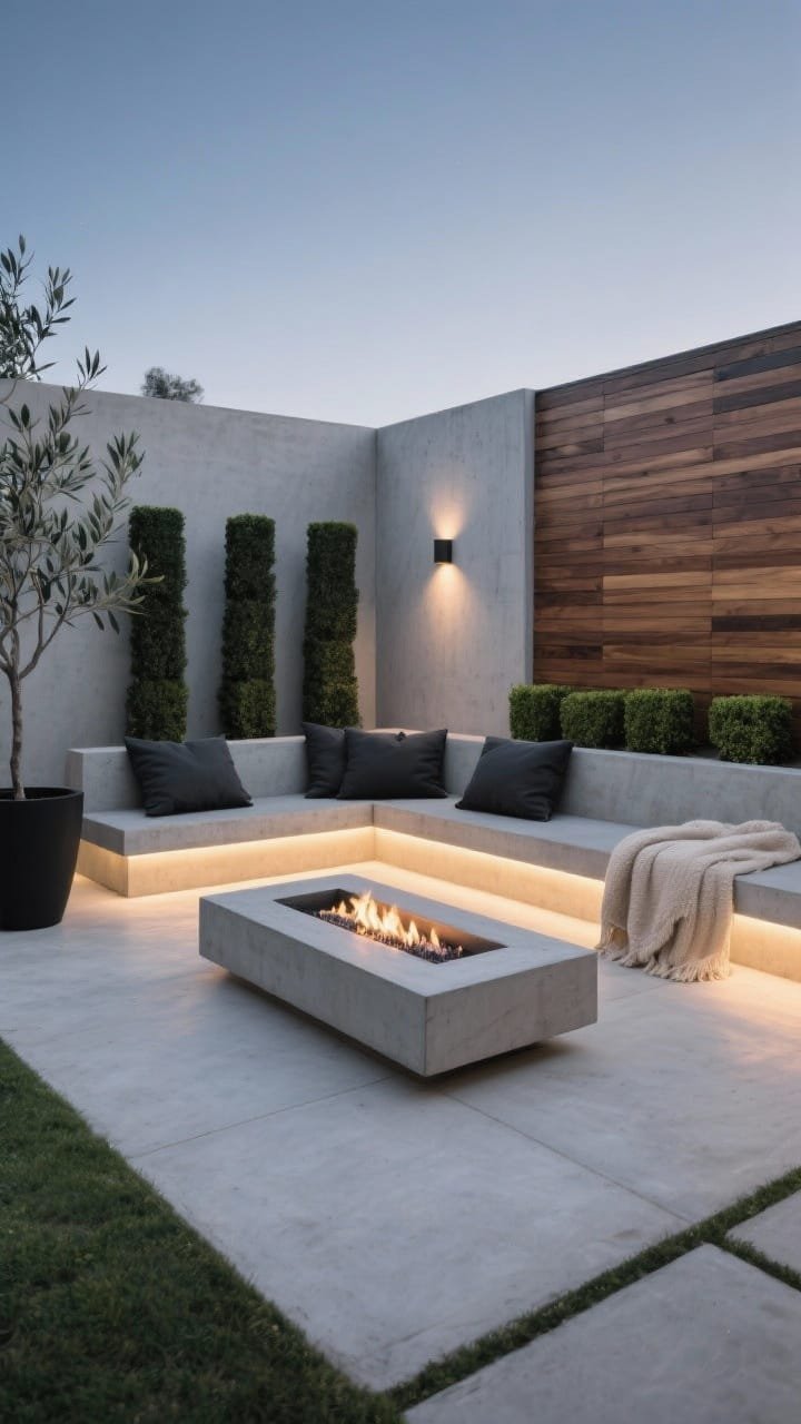Wide, straight-on shot of a minimalist concrete courtyard at dusk: a sleek rectangular concrete linear gas fire pit centered on a smooth poured-concrete patio; low built-in concrete benches wrap two sides, topped with charcoal Sunbrella cushions and a single oversized oatmeal wool throw. Palette stays soft gray, matte black, and warm oak accents on a slim cedar privacy screen. A row of clipped boxwood cubes lines the edge; tall matte black planters hold slender olive trees. Warm 2700K step lights wash the ground, with a subtle hidden LED strip glowing under the bench; a linear wall sconce adds soft ambience. Photorealistic, crisp, calm, sculptural simplicity, no people.