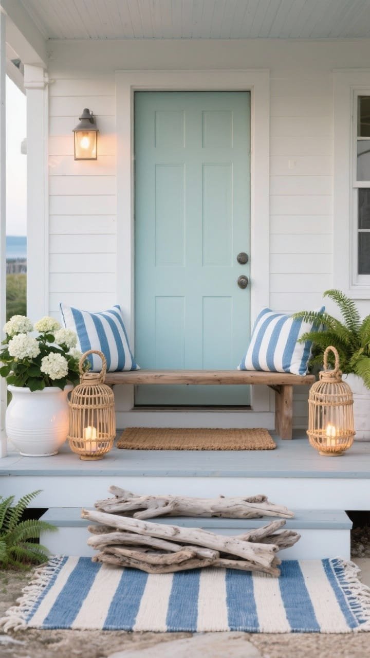 Wide, straight-on view of a coastal cottage front porch: a soft seafoam door with matte hardware, weathered teak bench layered with blue-and-white striped lumbar pillows, rope-handled rattan lanterns with warm LED candles glowing at dusk, white ceramic planters overflowing with hydrangeas and ferns, a natural jute doormat stacked over a blue-and-white striped outdoor rug, driftwood accents on the bench, palette of soft blue, sandy beige, and crisp white, breezy seaside mood, photorealistic.
